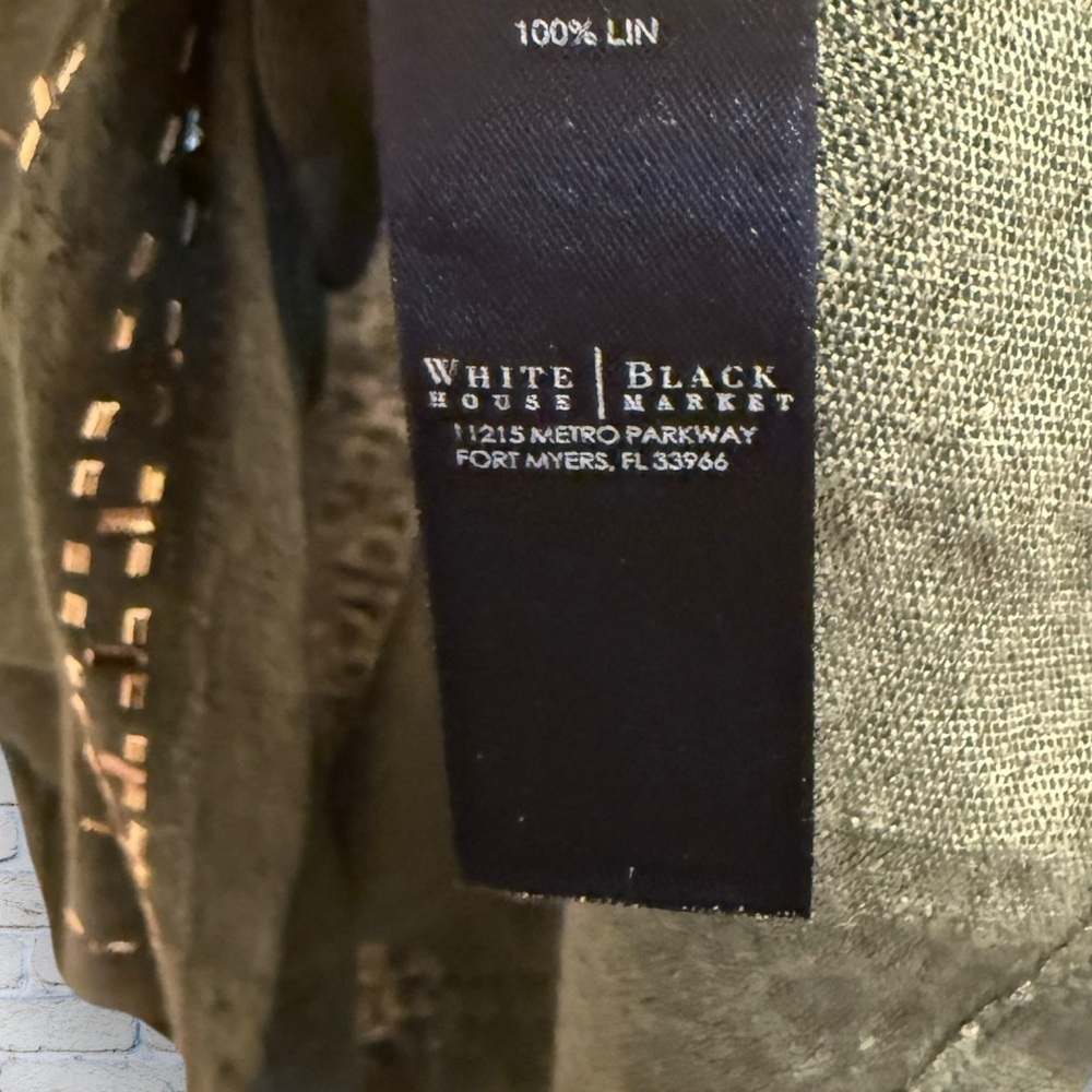 WHBM Olive Green Short Sleeve Linen Top with Gold bead Accents Size Small - Picture 4 of 6